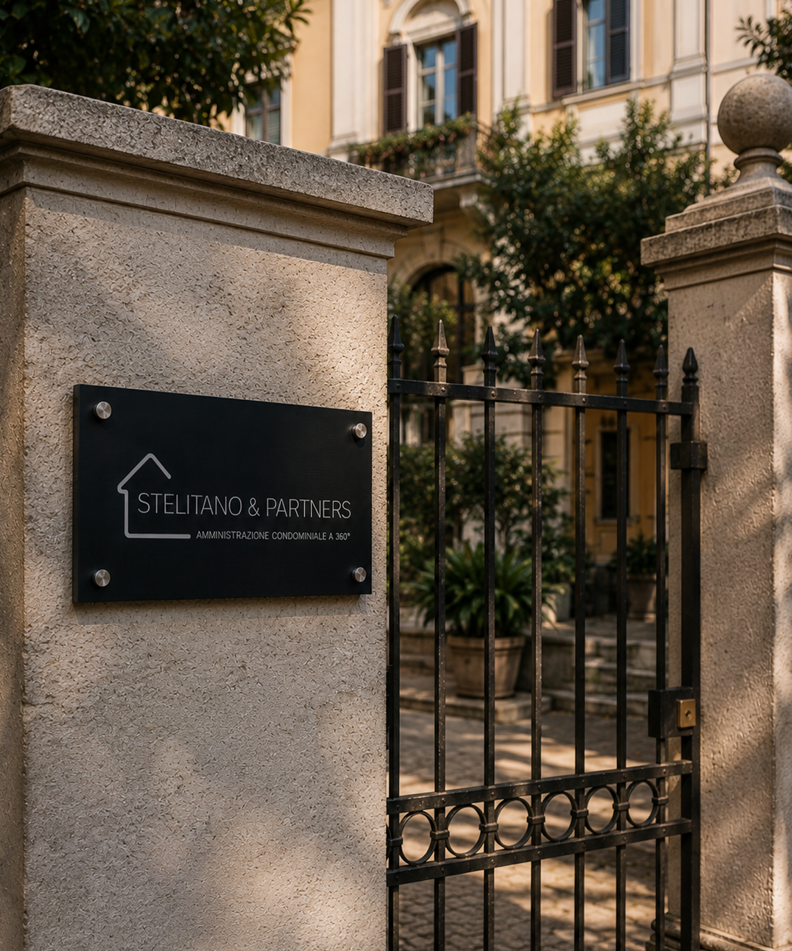 Ingresso di un edificio condominiale con cancello e targa, rappresentativo dell'amministrazione di condomini a Roma.
